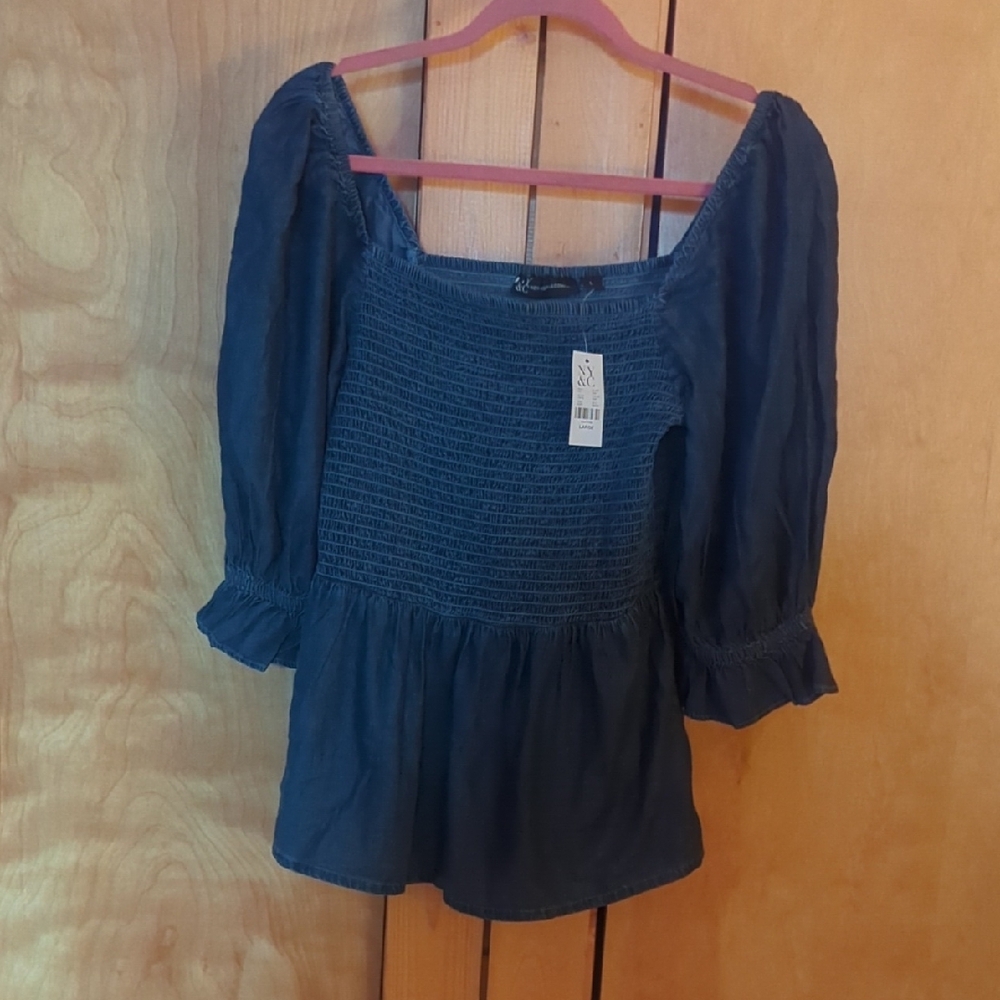 New York & Company Blue Smocked Peplum Blouse